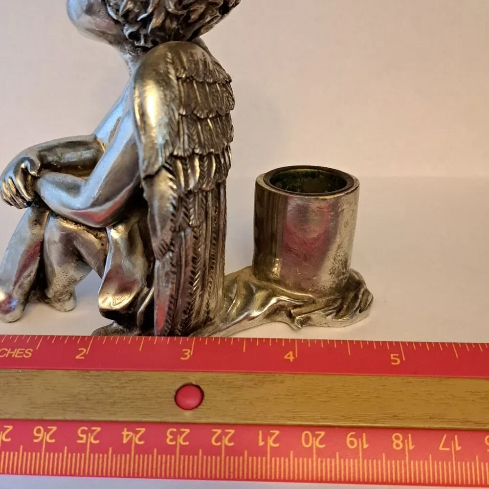Vintage Noble Art Angel Silver Tone Tall Candle Holder 5 Inch